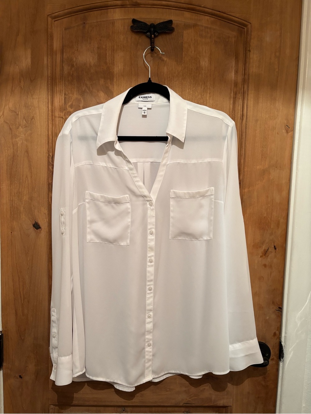 Express Portofino White Semi-Sheer Button-Down Shirt with Chest Pockets.